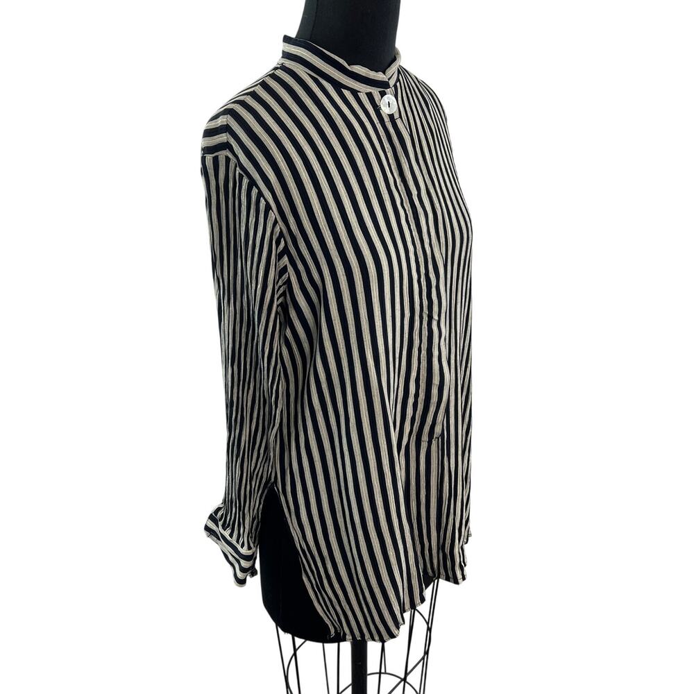 Camille Claudel Gold Black Blouse Striped Collarless Long Sleeve Button Front